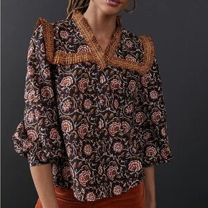 Anthropologie Othilia Sera Black Printed Ruffled Blouse